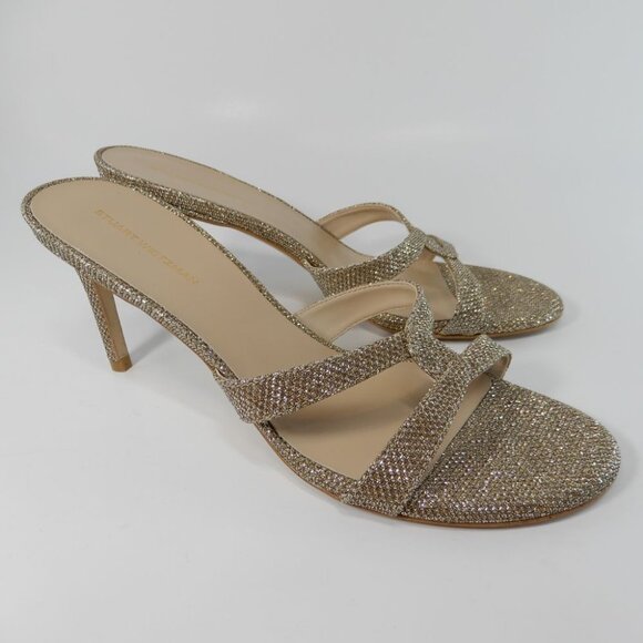 STUART WEITZMAN Soiree Shimmer Stiletto Heel Sandals Size 7.5 Platinum Gold $425 - Picture 8 of 15